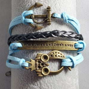 AZ993 Light Blue Anchor Where There's A Will There's A Way Owl Infinity Layer Leather Bracelet