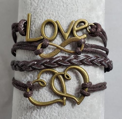 AZ1489 Brown Love Heart Infinity Layer Leather Bracelet