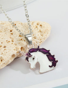L513 Silver Baked Enamel Purple Unicorn Necklace with FREE Earrings - Iris Fashion Jewelry