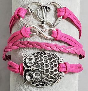 AZ1128 Hot Pink Heart Owl Infinity Leather Bracelet