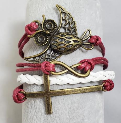 AZ990 Burgundy & White Owl Cross Infinity Layer Leather Bracelet