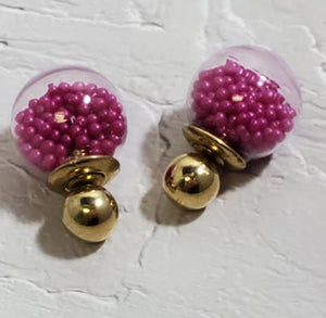 E395 Gold Fuchsia Ball Filled Double Ball Earrings