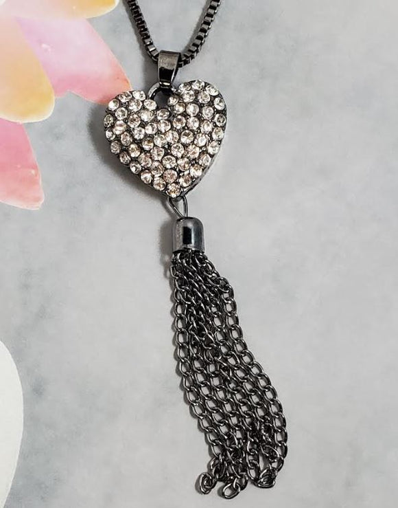 N1999 Gun Metal Rhinestone Heart Tassel Necklace with FREE Earrings