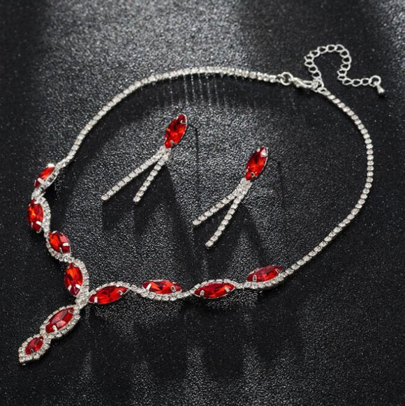 N1881 Silver Red Gemstone Rhinestone Necklace with FREE Earrings - Iris Fashion Jewelry