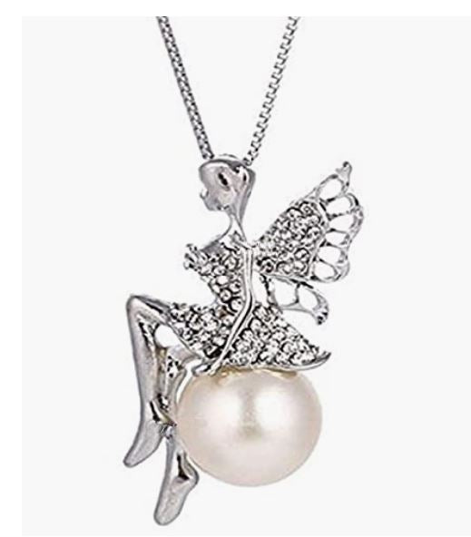 N480 Silver Rhinestone Fairy Sitting on Pearl Necklace with FREE Earrings