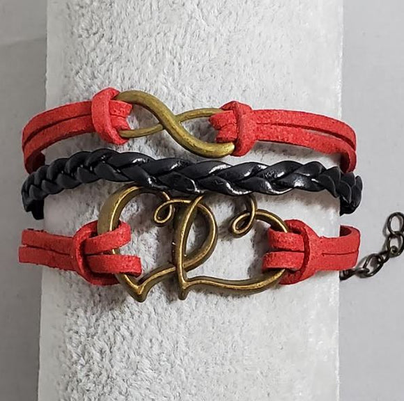 AZ660 Red & Black Heart Infinity Leather Layer Bracelet