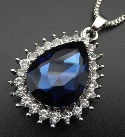 N693 Silver Blue Teardrop Gemstone with Rhinestones Necklace with FREE Earrings