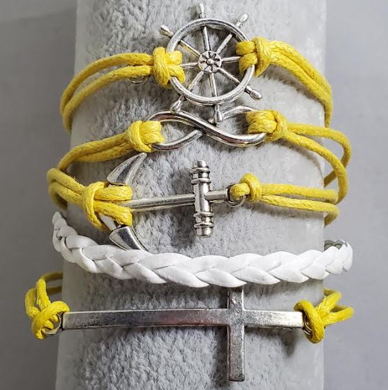 AZ253 Yellow & White Ship Wheel Anchor Cross Infinity Leather Layer Bracelet