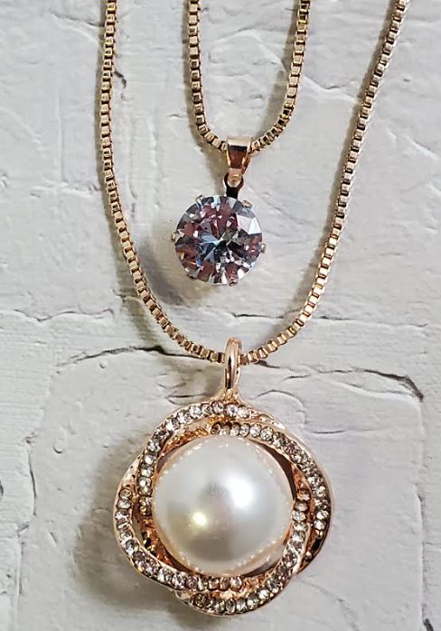 AZ595 Rose Gold Pearl Rhinestone Necklace with FREE Earrings