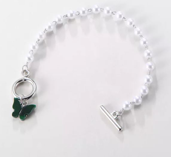 B398 Silver Pearl Green Butterfly Bracelet - Iris Fashion Jewelry