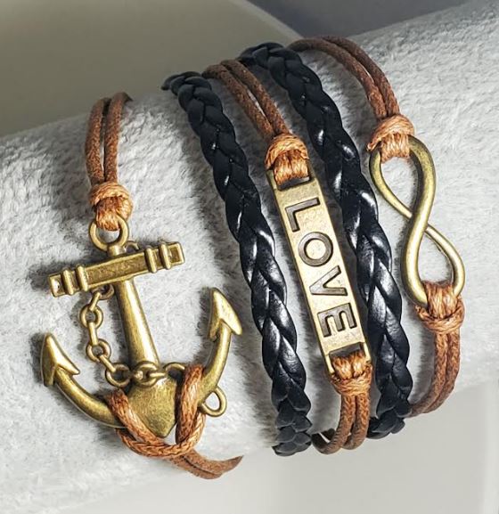B152 Brown & Black Anchor Love Infinity Layer Leather Bracelet - Iris Fashion Jewelry
