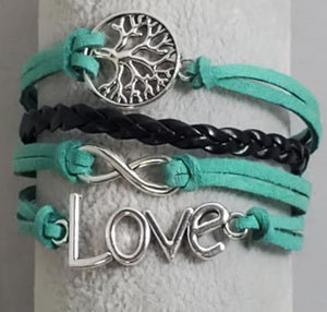 AZ155 Teal Tree of Life Love Infinity Leather Layer Bracelet