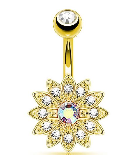 P42 Gold Crystal Iridescent Center Rhinestone Flower Belly Button Ring - Iris Fashion Jewelry