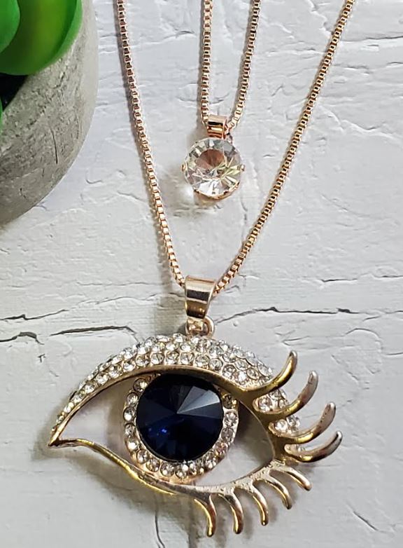 N1335 Rose Gold Blue Gemstone Eye Necklace with FREE Earrings