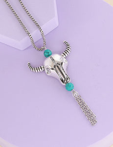 N1100 Silver Turquoise Stone Bull Head Tassel Necklace with FREE Earrings - Iris Fashion Jewelry