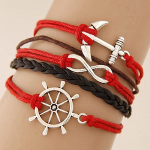 B1174 Red Anchor Ship Wheel Leather Layer Bracelet - Iris Fashion Jewelry