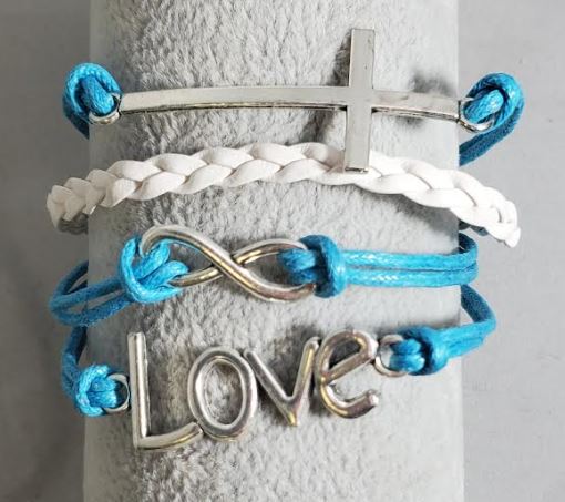 AZ195 Blue & White Cross Love Infinity Leather Layer Bracelet