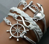 AZ720 White Anchor Ship Wheel Infinity Leather Layer Bracelet