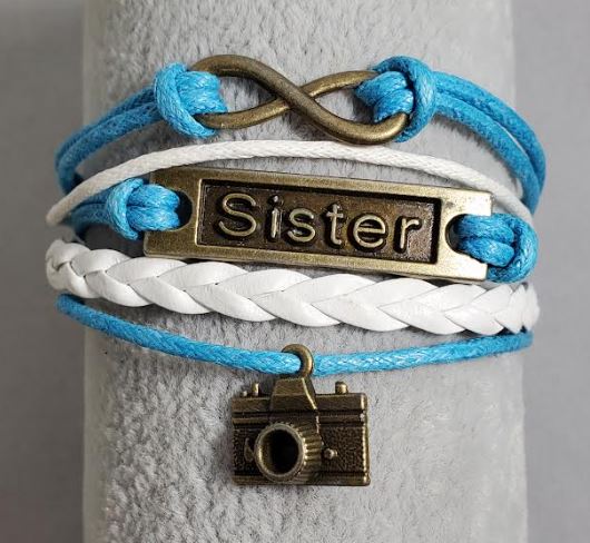 AZ1168 Turquoise Blue & White Sister Camera Infinity Layer Leather Bracelet