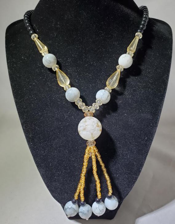 N2107 White Crackle Bead Glass Long Necklace With Free Earrings - Iris Fashion Jewelry