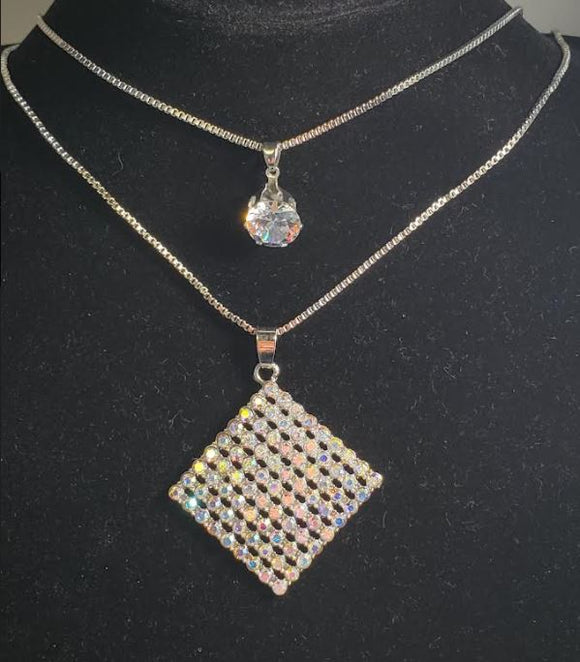 N1621 Silver Iridescent Rhinestone Diamond Design Necklace with FREE Earrings - Iris Fashion Jewelry