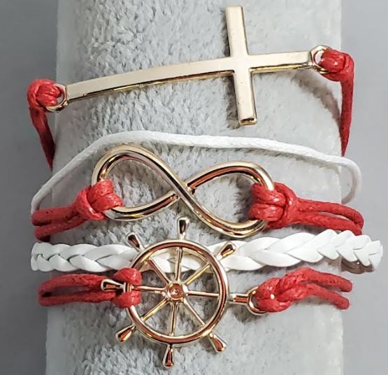AZ167 Red & White Cross Ship Wheel Infinity Leather Layer Bracelet