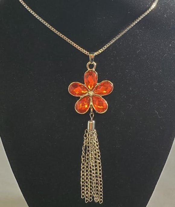AZ203 Silver Red Gemstone Flower Tassel Necklace with FREE EARRINGS
