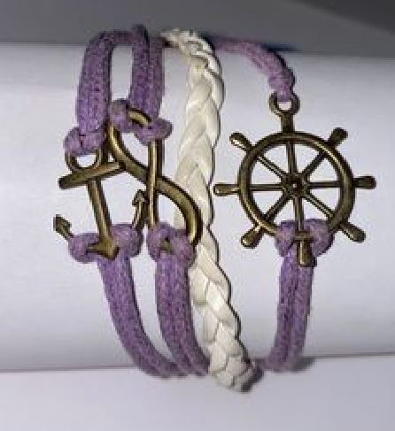 AZ344 Lavender & White Ship Wheel Anchor Infinity Leather Layer Bracelet