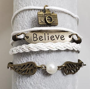 AZ629 White Camera Believe Pearl Wing Layer Leather Bracelet