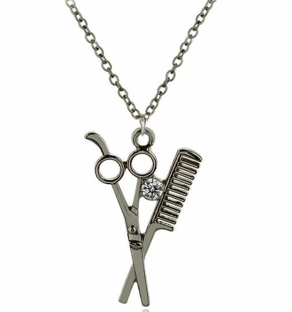 AZ804 Gun Metal Scissor Comb Hair Dresser Necklace with FREE EARRINGS