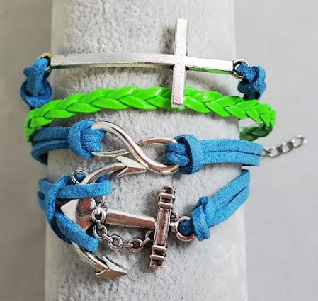 AZ1360 Turquoise & Lime Cross Anchor Infinity Layer Leather Bracelet