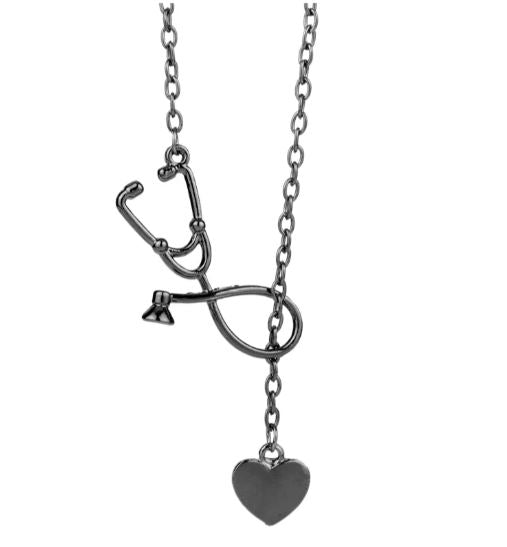AZ103 Gun Metal Stethoscope Heart Necklace with FREE EARRINGS - Iris Fashion Jewelry