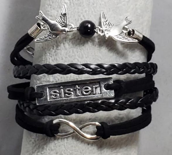 B535 Black Sister Doves Infinity Leather Layer Bracelet
