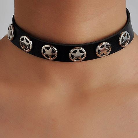 AZ822 Silver Black Leather Star Choker Necklace with FREE Earrings