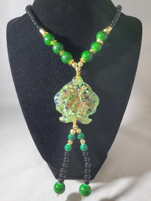 *N2122 Green Bead Glass Koi Fish Long Necklace With Free Earrings - Iris Fashion Jewelry