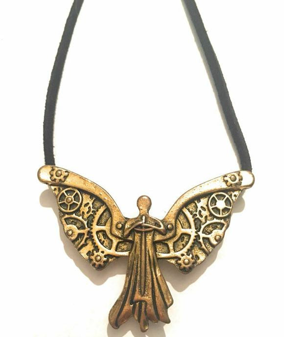 AZ325 Gold Angel on Leather Cord Necklace with FREE Earrings
