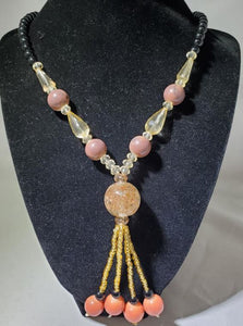 *N2108 Mauve Crackle Bead Glass Long Necklace With Free Earrings - Iris Fashion Jewelry