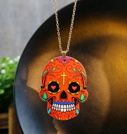 N1672 Red Sugar Skull Acrylic Long Necklace with FREE Earrings