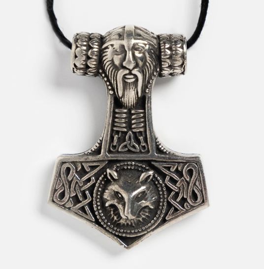 N1976 Silver Viking Hammer Lion Leather Cord Necklace with FREE EARRINGS
