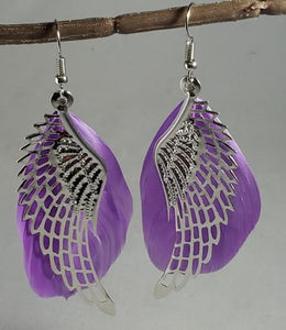 *E1106 Large Silver Wing with Purple Feather Earrings