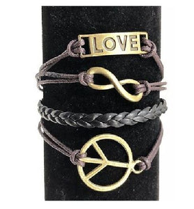 AZ1204 Brown Love Peace Sign Infinity Layer Leather Bracelet