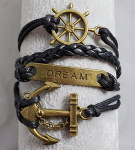 AZ1463 Black Ship Wheel Dream Anchor Infinity Layer Leather Bracelet