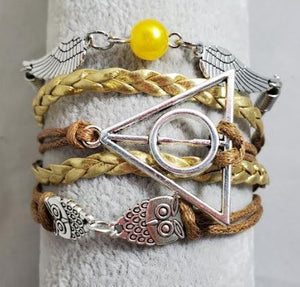 AZ1472 Brown & Gold Wing Deathly Hallows Owl Infinity Layer Leather Bracelet