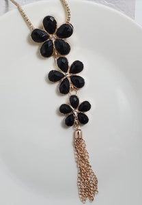 AZ704 Rose Gold Black Gemstone Triple Flower Tassel Necklace with FREE EARRINGS