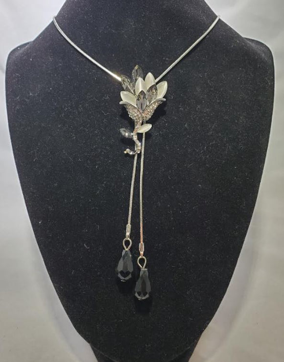 N2133 Silver Gray Gemstone Moonstone Flower Black Gem Adjustable Sweater Necklace with FREE Earrings - Iris Fashion Jewelry