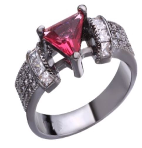 R704 Gun Metal Red Triangle Gemstone Rhinestone Ring - Iris Fashion Jewelry