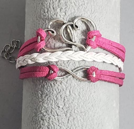 AZ194 Hot Pink & White Heart Infinity Leather Layer Bracelet