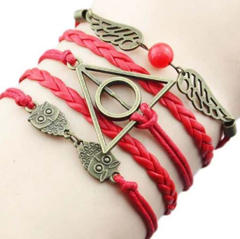AZ1323 Red Owl Wing Deathly Hallows Infinity Layer Leather Bracelet