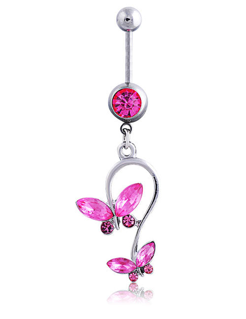 P103 Silver Pink Rhinestone Butterfly Belly Button Ring - Iris Fashion Jewelry