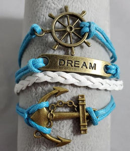 AZ1518 Turquoise Blue & White Dream Ship Wheel Anchor Infinity Layer Leather Bracelet